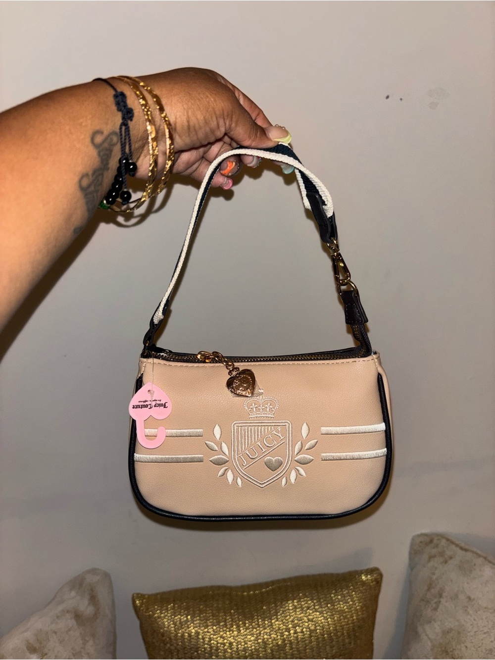 Juicy Couture Cream Mini Shoulder Bag with Black Trim and Gold Charm